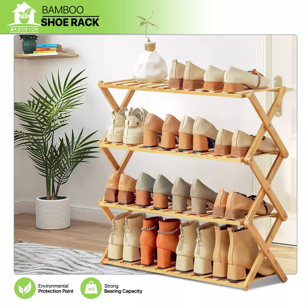 28Natural Bamboo[FOLDABLE SHOE RACK]4-Tier Boots Sneaker Flats Storage  Shelving