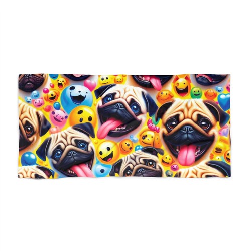 Fun Pug Emoji Beach Towel, Colorful Summer Pool Towel, Cute Pet Gift, Vibrant - Picture 2 of 3