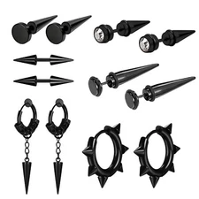 6 Pairs Men Women Punk Black Spike Stainless Steel Dangle Hoop Earrings Stud Set