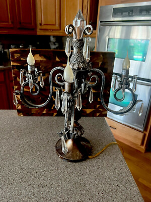 2003 Orions Art Deco 4 Burner Candelabra Lamp Silver/Brown 2'' prisms 19.5'' Tall