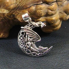 Solid 925 Sterling Silver Celtic Dragon Moon Pendant - Gothic Medieval Jewelry