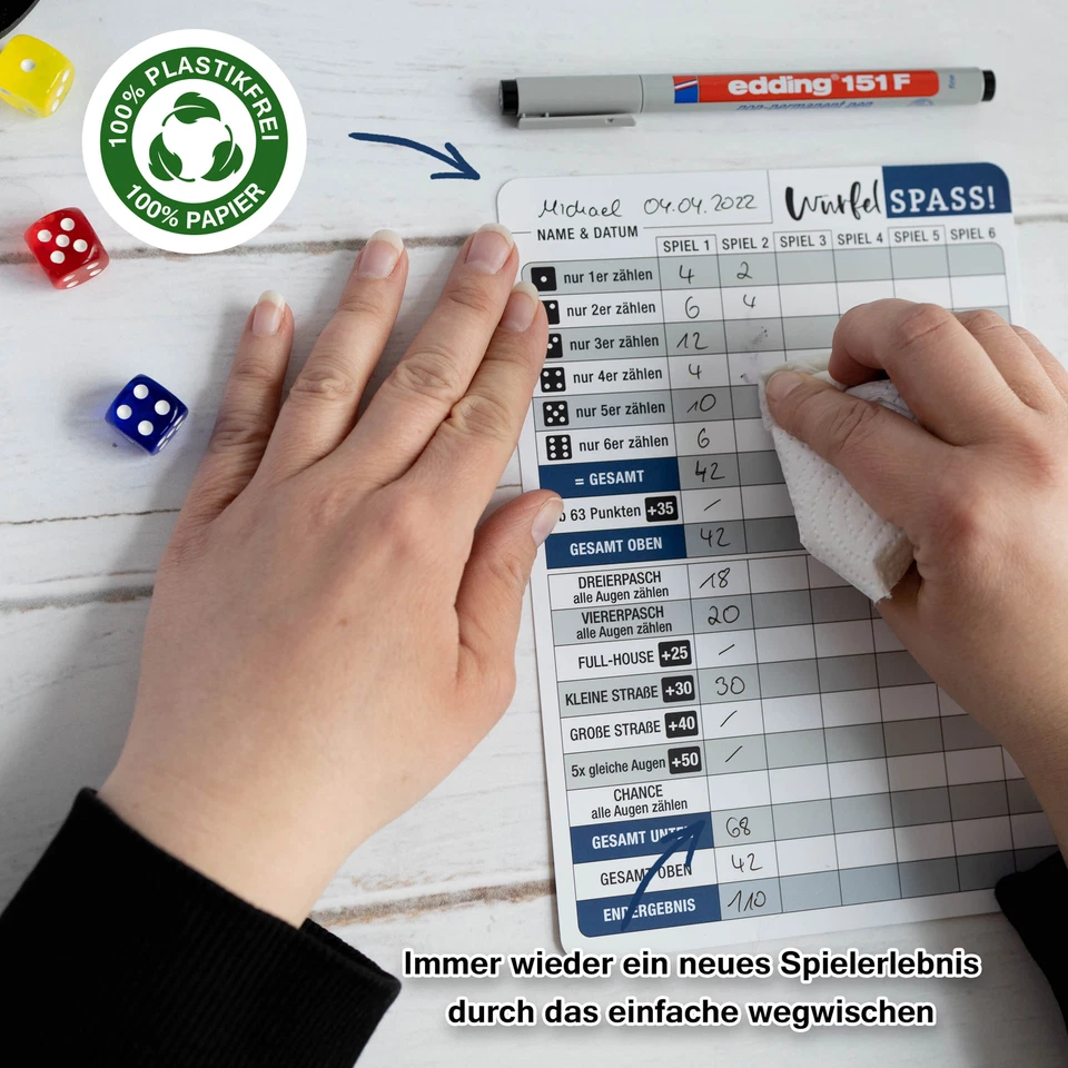 Würfelspiel abwischbar +2 Stifte 3x / 5x A5 Blätter wiederverwendbar Knobelblock - Bild 2 von 4