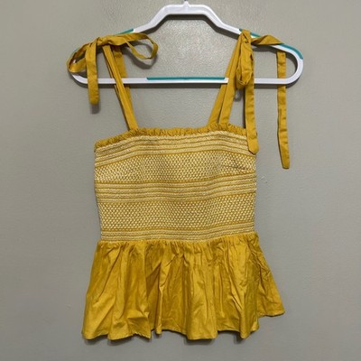 Rockin C Smocked Peplum Crop Top Womens Small Yellow Excellent Tie Strap Boho