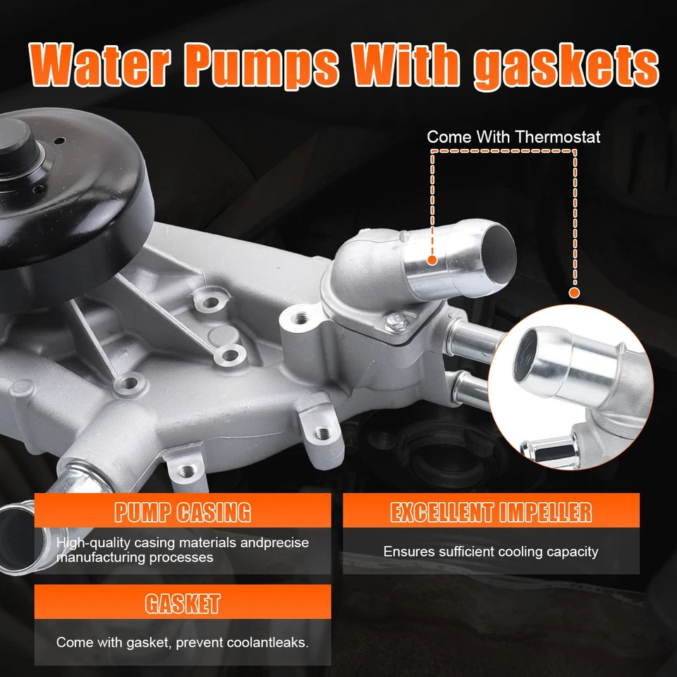 Water Pump w/ Thermostat For Chevy Silverado GMC Sierra Cadillac 4.8/ 5.3/ 6.0L Foto 2 de 4