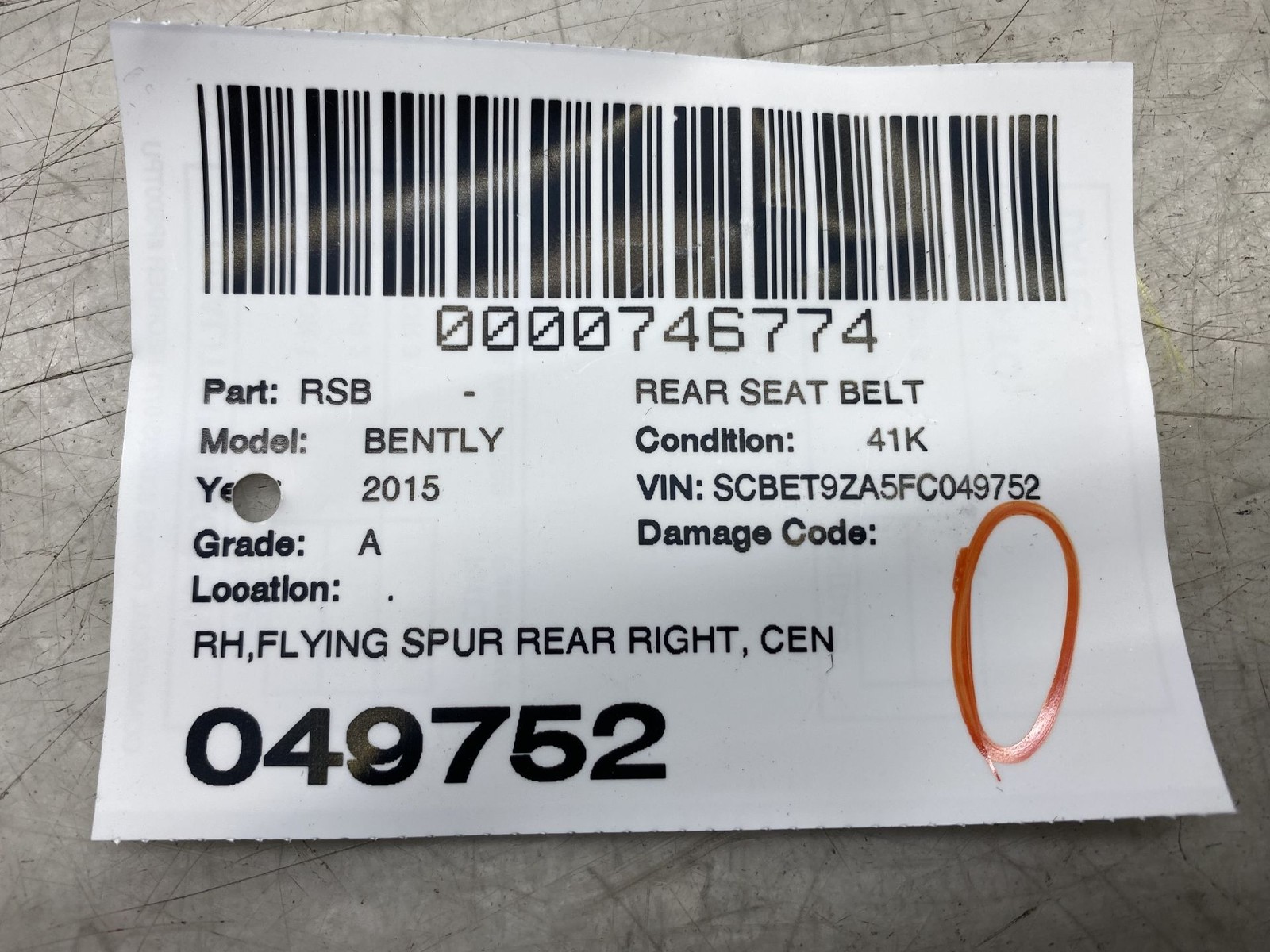 Bentley Flying Spur 2013-2019 REAR+RIGHT Seat belt