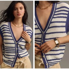 ANTHROPOLOGIE x MAEVE Slouchy Sweater Vest Blue White Stripe Sz XS 128 3O47