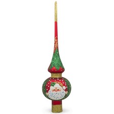 Santa and Mistletoe on Red Mouth Blown Glass Tree Topper 11 Inches