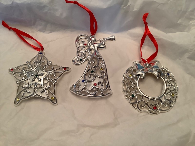 Lenox Sparkle And Scroll Christmas Ornaments -Wreath, Angel & Star (Lot of 3)