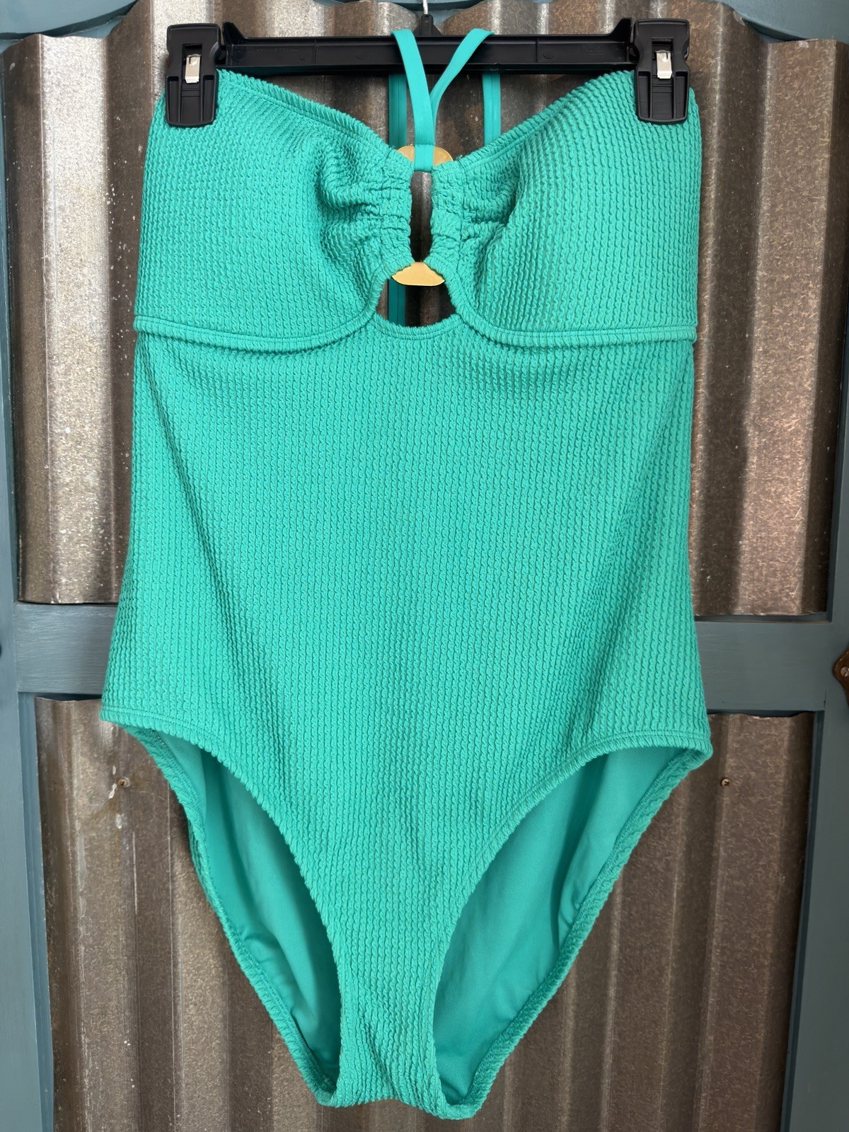Bleu Rod Beattie Textured Pucker Up Green Bandeau Halter One Piece Swimsuit 14