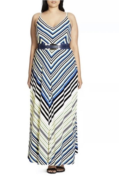 City Chic Sz M/18 Plus Black White Blue Stripe A-line Maxi Dress Resort Wear
