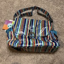 Kalencom laminated messenger diaper bag with a multi-colored stripe pattern.
