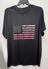 Mossy Oak Women’s Shiny Fabric Black T Shirt W/ Pink Camo American Flag SZ 2XL