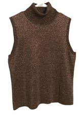 Grace Elements Tank Top Women XL Brn Silk Glitter Metallic Turtleneck Sleeveless