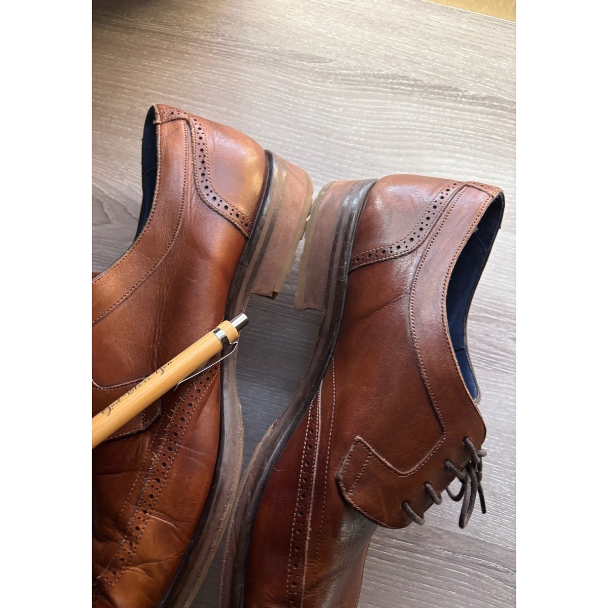 Mezlan Mens 12 Cognac Leather Wingtip Derby Shoes Brogue Lug Sole Spain Business Mezlan Principe Patina Leather Derby main image 4