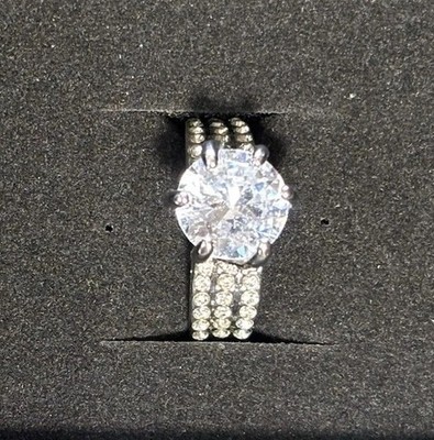 925 Silver Round White Diamond Prong-Set Engagement Ring Pave Band Size 8