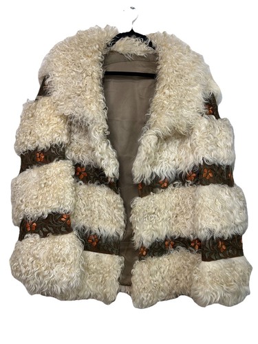 VTG 70s Curly Lamb Shaggy Fur Mongolian Coat Embroidered Suede Penny Lane Jacket