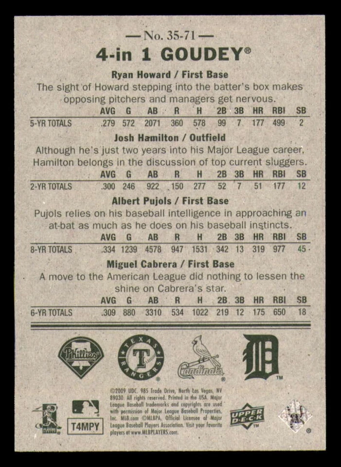 UD Goudey 2009 4 en 1 azul y verde #71 Ryan Howard-Josh Hamilton-Albert Pujols-M Foto 4 de 4