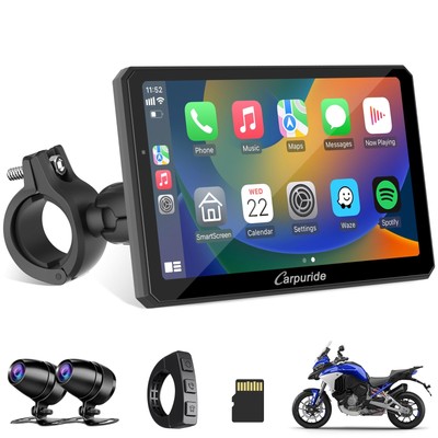 W712D Motorcycle Carplay Screen with HD 1080 Dual Dash Cam, Wireless Car Play...