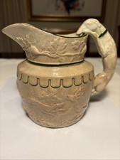  Antique Hunting Scene Jug Hound Handle Relief Pottery Crackle Glaze