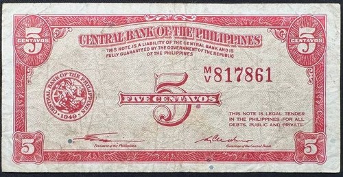 Philippines 5 Centavos-Waterlow & Sons 1949 Series: English Series CIRCULATED - 第 1/2 張圖片