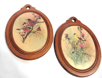 2 Vintage F. Massa Prints on wood, American Goldfinches + Robins 6.5 x 5 EX cond
