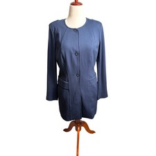 CAbi Lido Long Line navy blue stretch knit jacket button close pockets Sz M