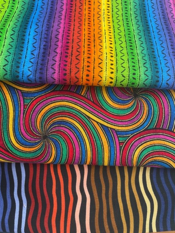 LOT of 3 FABRICS in BRIGHT Rainbow COLORS diff designs that coordinate 3+ YARDS