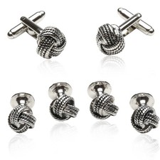 Classic Woven Silver Knot Tuxedo Cufflink and Stud Set Formal Set with Presen...