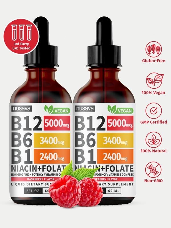 (2-PACK) Vitamin B12 Liquid Supplement Drops with B6, B1, Niacin & Folate - Edib