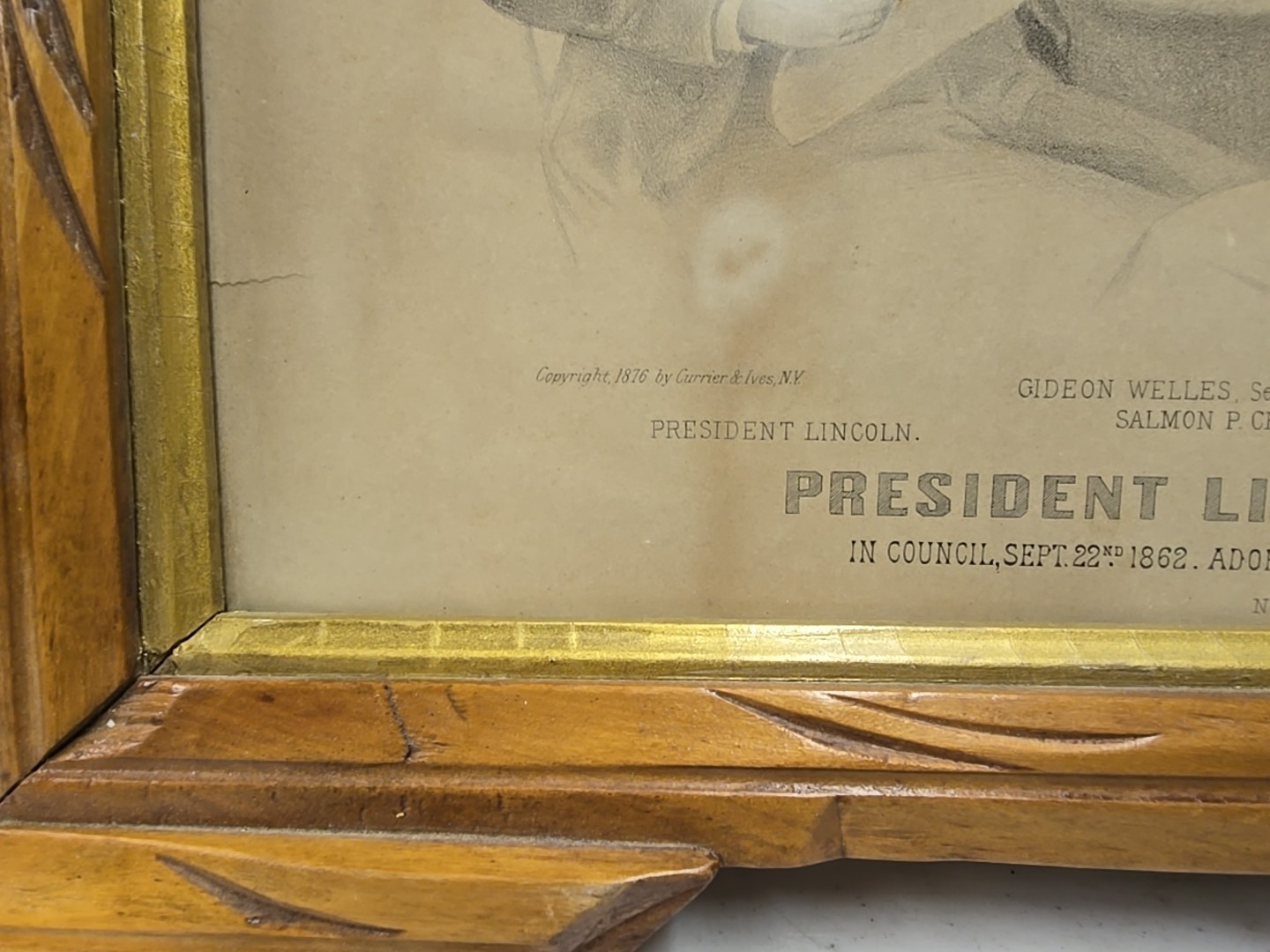 Antique 1876 President Lincoln & His Cabinet Framed Currier & Ives Etching Print