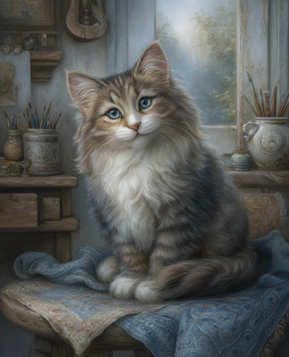8x10 Cat On Table With Blue Blanket Art Print Wall Decor - 101523769