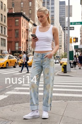 ZARA NEW WOMAN LOOSE FIT PRINTED FOLDED JEANS FLORAL SKY BLUE 0695/010/403