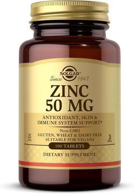 Solgar Zinc 50 mg, 100 Tablets - Zinc for Healthy Skin, Taste & Vision EXP 3/27