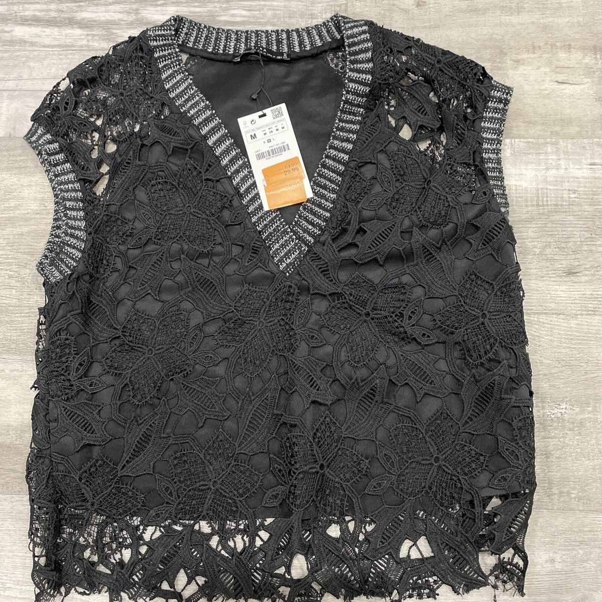 New Zara Black V Neck Sleeveless Lace Sweater Vest; Size Medium