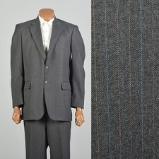 Large 1970s Grey Two Piece Suit Striped Red Blue Pinstripe Business Office Suit