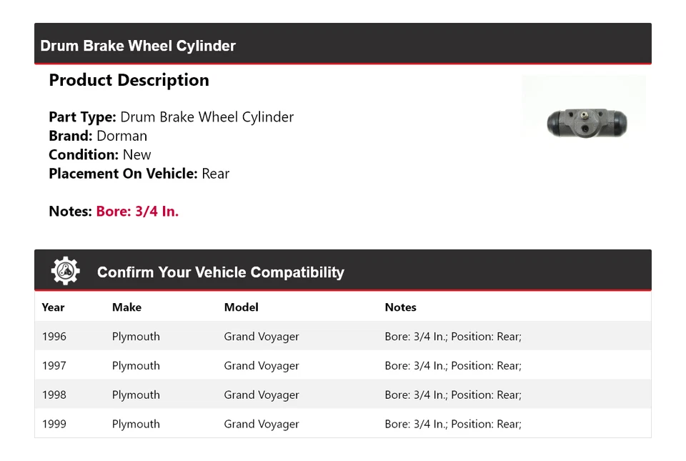 Cilindro de rueda de freno de tambor trasero 1997 para Plymouth Grand Voyager Dorman 1996-1999 Foto 2 de 4
