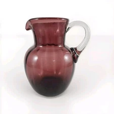 Vintage Hand Blown Beacon Glass Amethyst Purple Pitcher Rib Optic Clear Handle