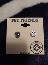Pet Friends Dog Paw Silver-Tone Stone Stud Earrings - BNWT