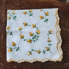 Vintage Yellow Rose Bud Flower Floral Embroidered Linen Hankie Handkerchief