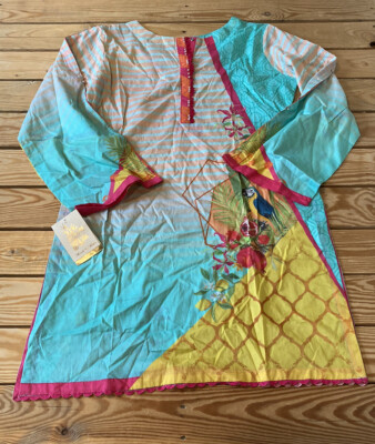 Threads & Motifs NWT Women s Snap Front Patterned Sari Tunic Size L Blue B9