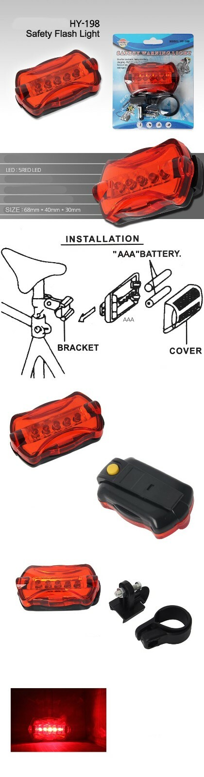 HY-198 Bicycle & Running Safety Warning Flash Light Lamp 5 LED 7 Modes AAA Batt