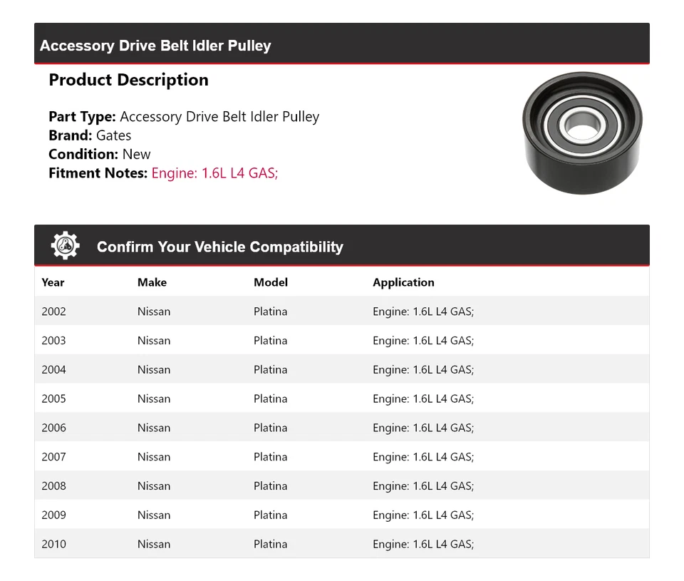 For 2002-2010 Nissan Platina 1.6L L4 GAS Accessory Drive Belt Idler Pulley Gates - Image 2 of 4