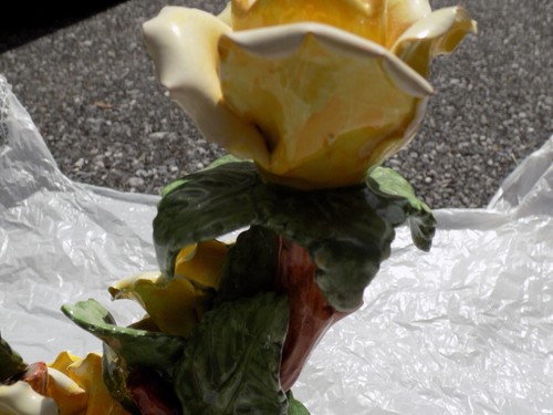 Vtg Capodimonte Double Candle V Holders Ornate Yellow roses Green Leaves Italy - Picture 11 of 16