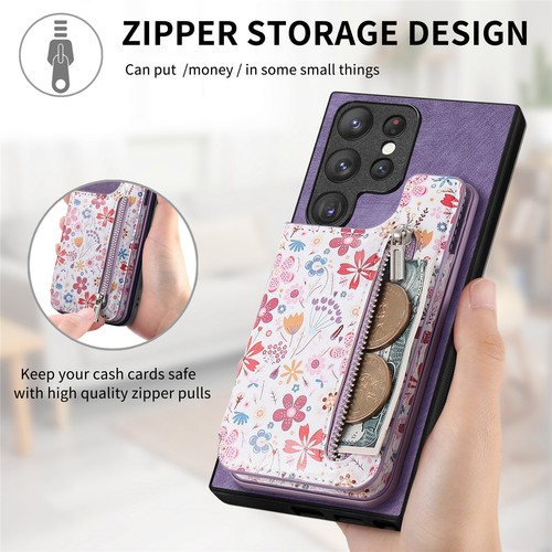 Fr Samsung S25 Ultra/S24 FE/S23+/S22 Flower Floral Zipper Card Wallet Stand Case - Zdjęcie 9 z 64