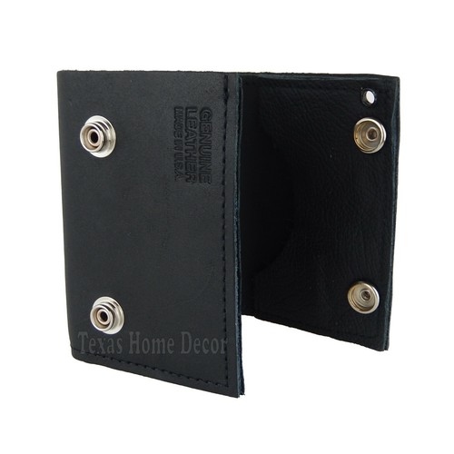 Black leather tri-fold wallet with silver eagle logo, trucker biker chain detail, and “Made in USA” text on back.