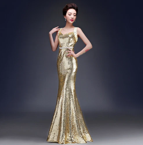 Womens Sexy Sequins Mermaid Party Ball Gown Fishtail Double Shoulder Long Dress - Picture 19 of 24