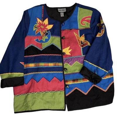 Indigo Moon 1X Colorblock Embroidered Patchwork Jacket Art to Wear India Boho