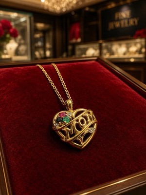 Genuine mined Ruby, Emerald, Sapphire and Diamond Mom heart pendant 24k over 925