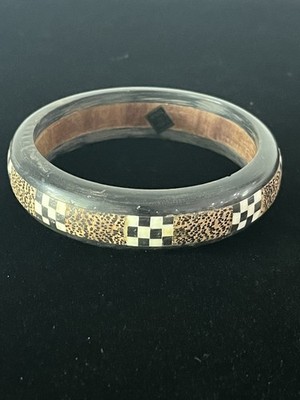 Vintage Estate Wood & Checkered Inlay Bangle Bracelet Boho Retro Made in India
