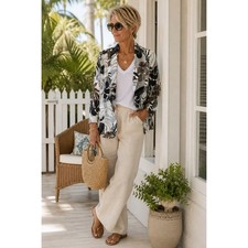 Chicos Women Size 0 Tropical Leopard Print Open Front 3/4 Sleeve Blazer Jacket